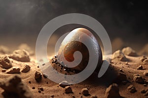 A prehistoric egg buried beneath the layers of soil awaiting its emergence. AI generation