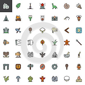 Prehistoric elements filled outline icons set