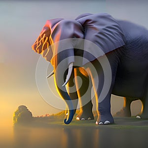 the prehistoric elephant in the misty jungle.