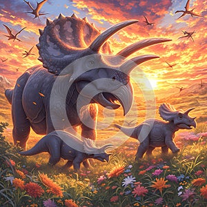 Prehistoric Family, Triceratops, Dinosaurs in a Field