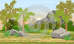 Prehistoric forest. Giant ferns, extinct plants and stones