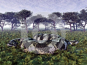 Prehistoric giant snake Titanoboa in a landscape