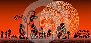 Prehistoric humanoids and their animals against the backdrop of the Mayan calendar