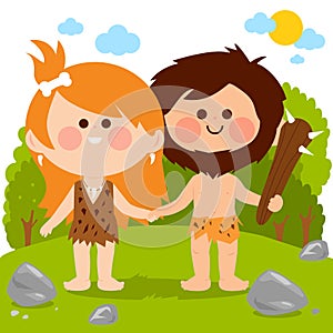 Prehistoric landscape with cavemen. Vector illustration