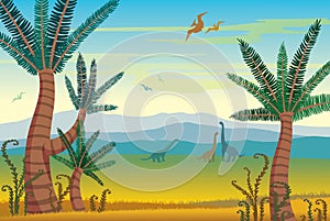 Prehistoric landscape with dinosaurs, mountains and plants.