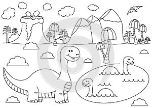 Prehistoric landscape with funny cartoon dinosaurs - Brontosaurus in the water