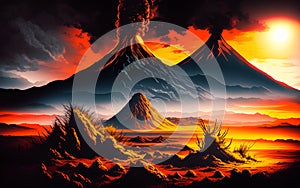 Prehistoric landscape with volcano at sunset. Generative Al Illustration