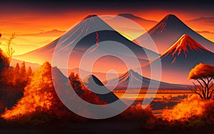 Prehistoric landscape with volcano at sunset. Generative Al Illustration