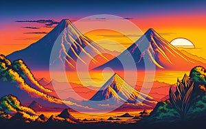 Prehistoric landscape with volcano at sunset. Generative Al Illustration