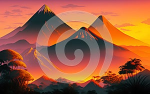 Prehistoric landscape with volcano at sunset. Generative Al Illustration