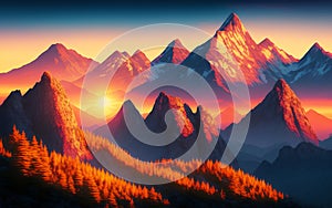 Prehistoric landscape with volcano at sunset. Generative Al Illustration