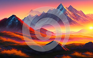 Prehistoric landscape with volcano at sunset. Generative Al Illustration