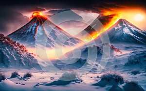 Prehistoric landscape with volcano in winter landscape and sunrise.Generative Al Illustration