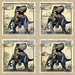 Prehistoric Majesty: Set of 4 Vintage Stamps Featuring T-Rex