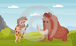 Prehistoric man dressed in animal skin fighting with mammoth. Cavemen primitive prehistoric character cartoon vector