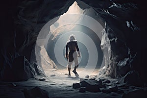 Prehistoric neanderthal man in cave. Generative AI