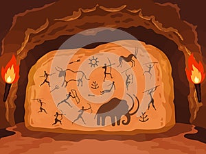 Prehistoric painting. Primitive drawing on stone wall of cave, ancient symbols of hunters, animals and ornamental
