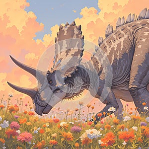 Prehistoric Peace: Styracosaurus in Blossom Field