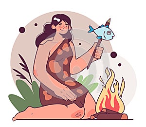 Prehistoric people cook food. Character sitting by fire, neanderthal