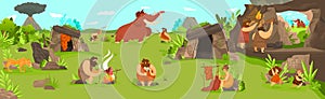 Prehistoric people life in primitive tribe settlement, men hunting mammoth and children playing, vector illustration