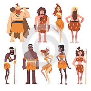 Prehistoric People Set, Primitive Stone Age Men and Women in Animal Pelts Cartoon Character Vector Illustration