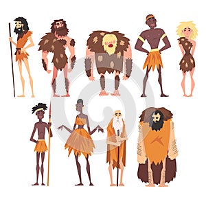 Prehistoric People Set, Primitive Stone Age, Native Men and Women in Animal Pelts Cartoon Character Vector Illustration