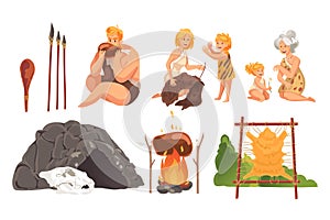 Prehistoric people stone age set concept