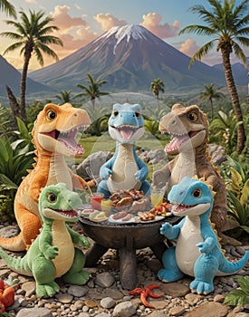 Prehistoric Picnic: Plush Dinosaur Family Barbecuing in the Valley photo