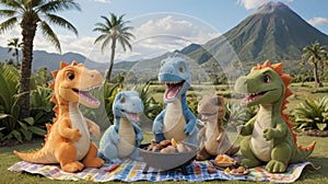 Prehistoric Picnic: Plush Dinosaur Family Barbecuing in the Valley photo