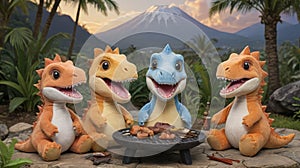 Prehistoric Picnic: Plush Dinosaur Family Barbecuing in the Valley photo