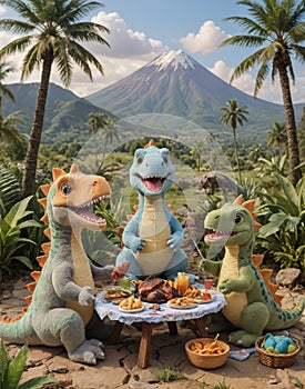 Prehistoric Picnic: Plush Dinosaur Family Barbecuing in the Valley photo