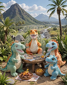 Prehistoric Picnic: Plush Dinosaur Family Barbecuing in the Valley photo