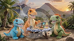 Prehistoric Picnic: Plush Dinosaur Family Barbecuing in the Valley photo