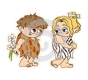 Prehistoric primitive man gives chamomile flowers to a primitive girl.Comic book characters in black and white cartoon
