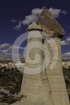 Prehistoric rock formations in front of Love valley in Turkey