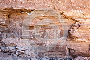 Prehistoric rock paintings of a dead dear, fish and shaman in Canon La Trinidad near Mulege, Baja California Sur, Mexico