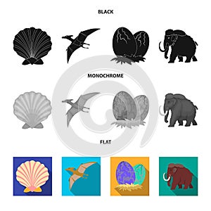 Prehistoric shell, dinosaur eggs,pterodactyl, mammoth. Dinosaur and prehistoric period set collection icons in black