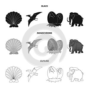 Prehistoric shell, dinosaur eggs,pterodactyl, mammoth. Dinosaur and prehistoric period set collection icons in black