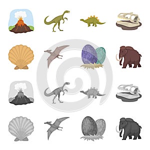 Prehistoric shell, dinosaur eggs,pterodactyl, mammoth. Dinosaur and prehistoric period set collection icons in cartoon