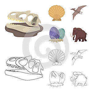 Prehistoric shell, dinosaur eggs,pterodactyl, mammoth. Dinosaur and prehistoric period set collection icons in cartoon