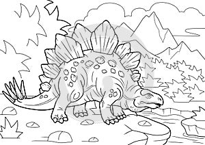 Prehistoric stegosaurus dinosaur, coloring book, funny illustration