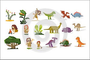 Prehistoric stone age elements set, primitive people, dinosaurs, plants cartoon vector Illustrations on a white