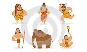 Prehistoric Stone Age Set, Primitive Men and Woman with Weapon, Mammoth Vector Illustration