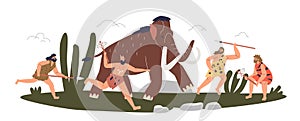Prehistoric stone age tribe attack mammoth. Cavemen hunters with spears and axes hunting for animal