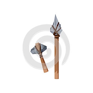 Prehistoric stone axe and spear, Stone age symbols, weapon of caveman vector Illustration on a white background