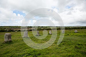 Prehistoric stone circle called the Merry Maidens near Penzance, Cornwall UK