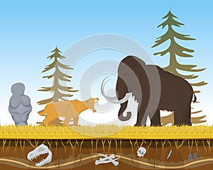 Prehistoric tiger attack ancient mammoth, character animal bite flat vector illustration. Wildlife nature beast predator
