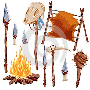 Prehistoric weapons. Set of caveman tools. Primitive spear and stone axe.