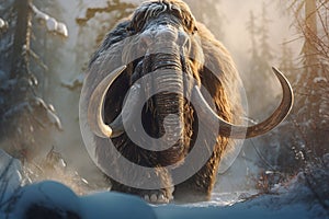 prehistoric woolly mammoth walking in a winter snowy forest