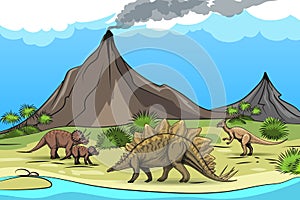 Prehistory with dinosaurs and volcano